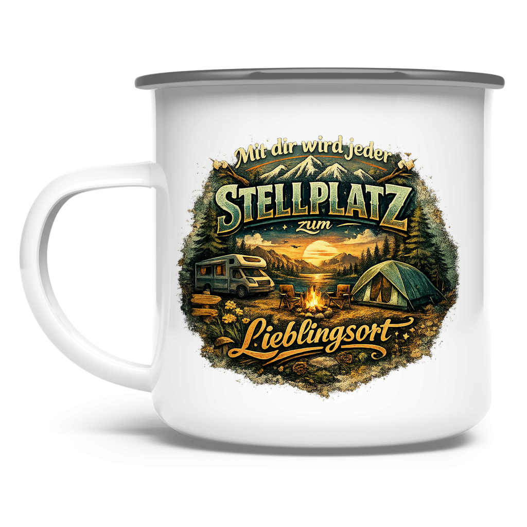 Camper Emaille Tasse – „Mit dir wird jeder Stellplatz zum Lieblingsort" | Wortmelodie Moments