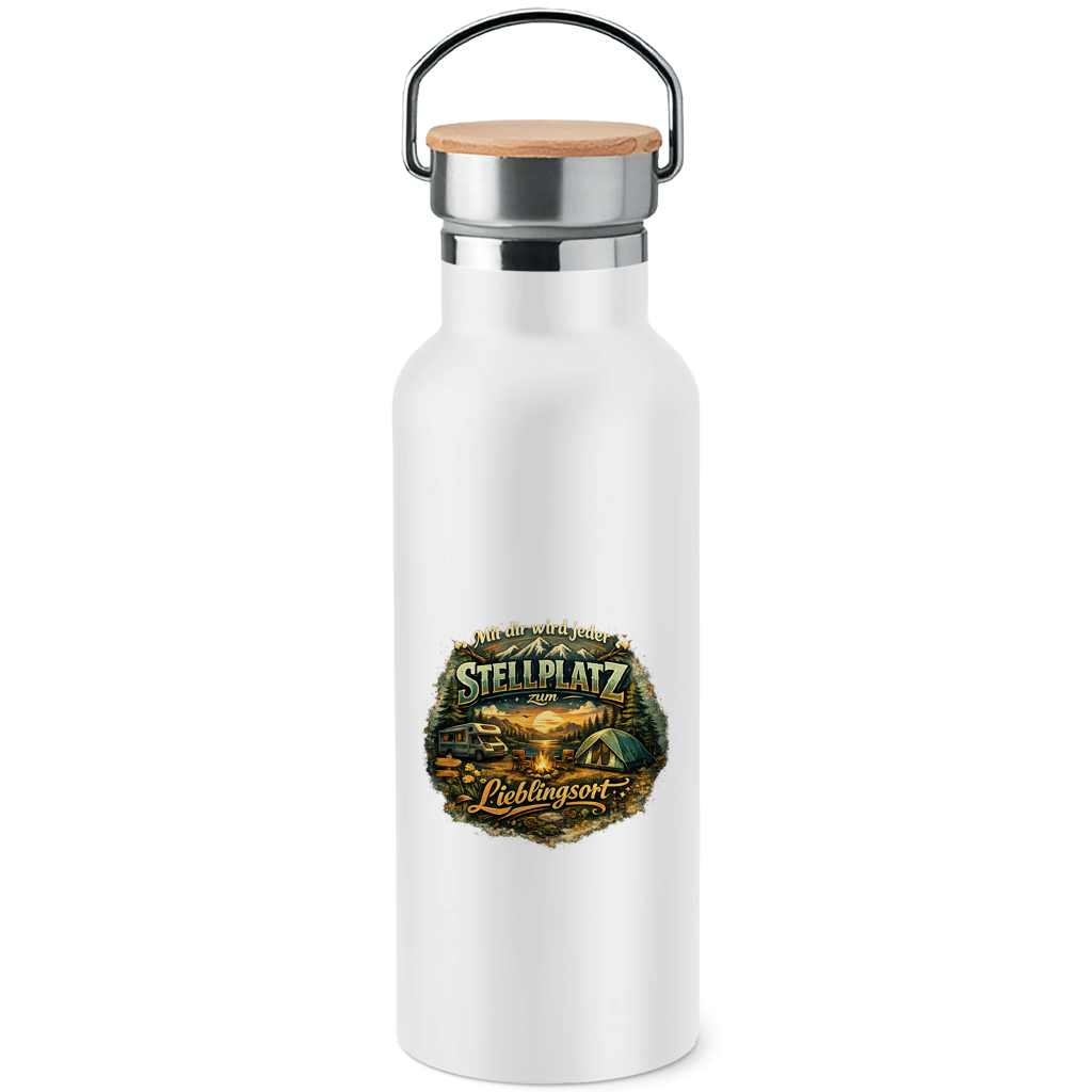 Camper-Isolierflasche mit Bambusdeckel – Mit dir wird jeder Stellplatz zum Lieblingsort